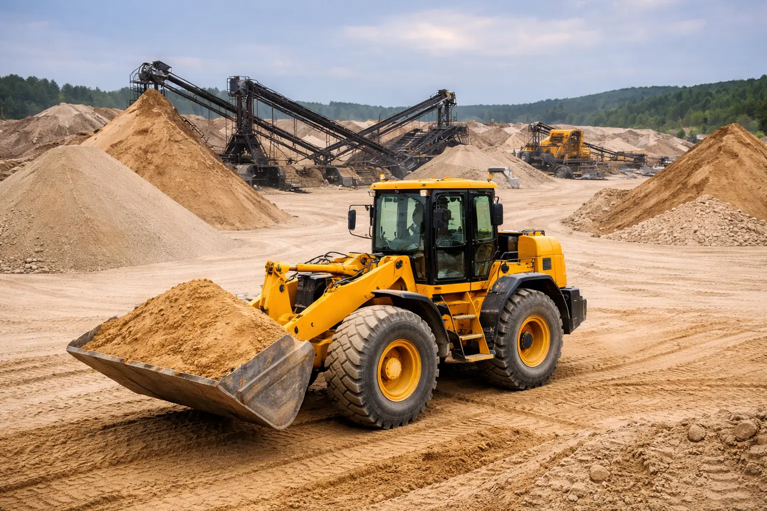 Chargeuse sur pneus en opération dans une carrière de granulats