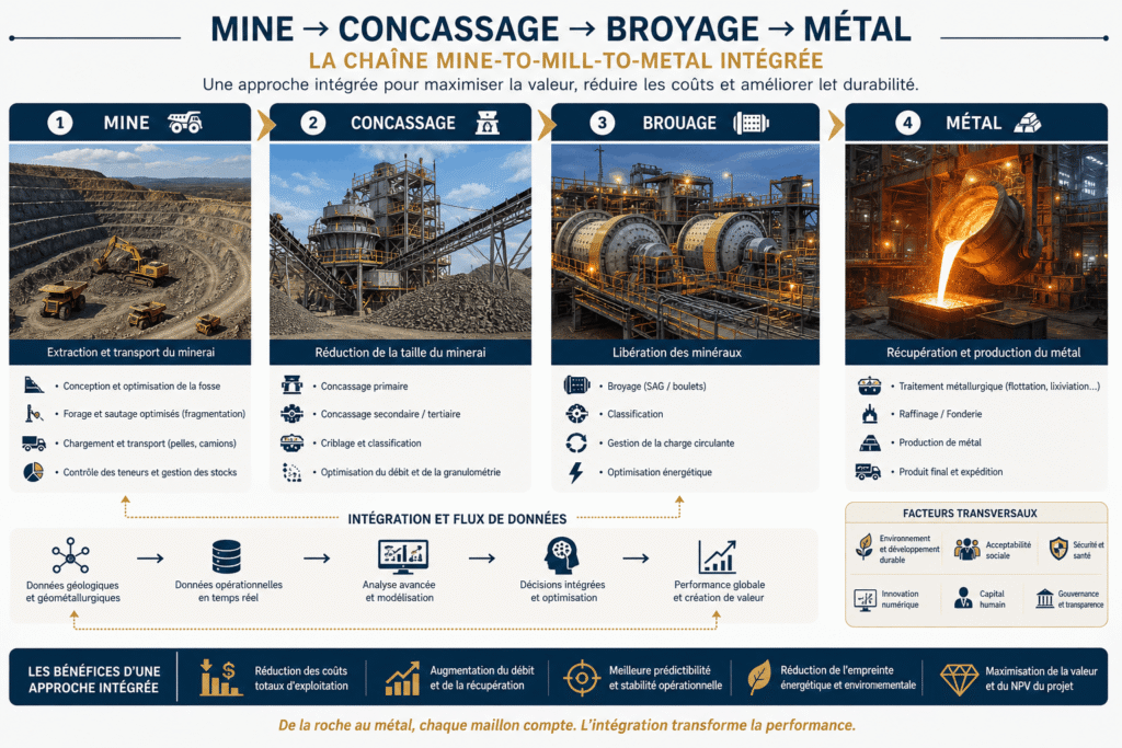 chéma de la chaîne minière intégrée montrant les étapes mine, concassage, broyage et production de métal avec flux de données et optimisation globale