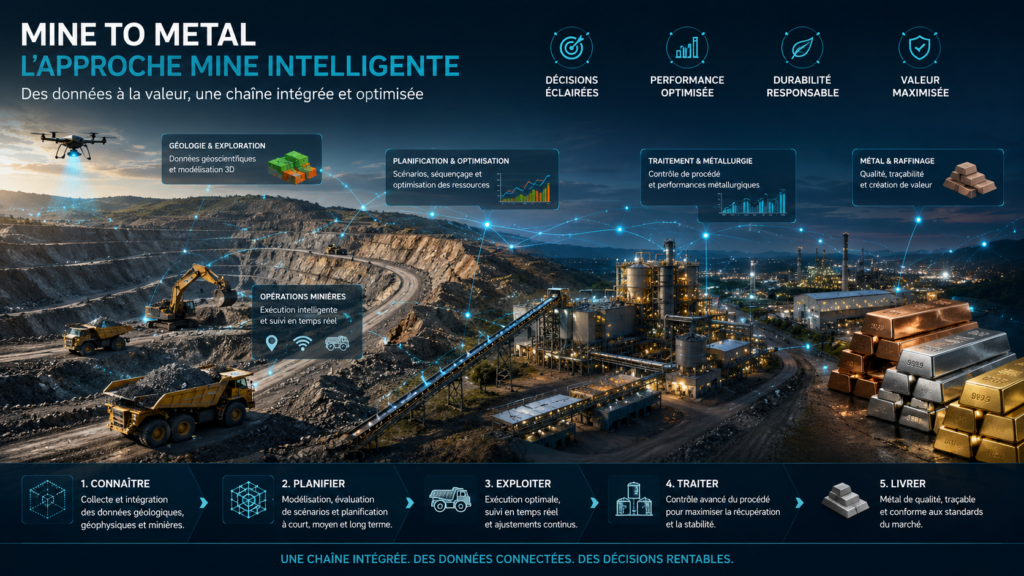 Approche Mine to Metal illustrant une mine intelligente intégrée, de l’exploitation minière jusqu’au traitement métallurgique et au raffinage des métaux.